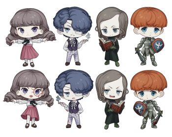 2boys 2girls aqua_eyes armor black_ribbon black_robe black_shoes black_vest blue_eyes blue_hair book brown_hair brown_shoes chibi chibi_only cigarette closed_mouth collared_shirt d'arce_(fear_&amp;_hunger) daan_(fear_&amp;_hunger) enki_(fear_&amp;_hunger) eyepatch fear_&amp;_hunger_(series) fear_&amp;_hunger_1 fear_&amp;_hunger_2:_termina frilled_shirt_collar frills gloves green_gloves green_shoes grey_eyes grey_pants grin hand_in_pocket highres holding holding_book holding_cigarette holding_shield holding_sword holding_weapon kingjoshua knight long_hair long_sleeves looking_at_viewer marina_(fear_&amp;_hunger) medical_eyepatch medium_hair merchandise_available multiple_boys multiple_girls neck_ribbon open_book open_mouth orange_hair outstretched_arms pants pink_skirt purple_eyes reading ribbon robe shield shirt shirt_tucked_in shoes short_hair simple_background skirt smile smoking spread_arms standing sword vest weapon white_background white_ribbon white_shirt