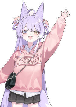Rule 34 | 1girl, absurdres, ahoge, arm up, bag, black skirt, blue eyes, clothes writing, commentary request, cone hair bun, cowboy shot, double-parted bangs, double bun, elppi, hair bun, hair ornament, hair rings, heterochromia, highres, hood, hood down, hoodie, korean commentary, long hair, long sleeves, miniskirt, open mouth, pink hoodie, pleated skirt, pom pom (clothes), pom pom hair ornament, print hoodie, purple hair, shoulder bag, simple background, skirt, smile, solo, standing, stellive, straight hair, tenko shibuki, very long hair, virtual youtuber, waving, white background, yellow eyes