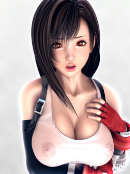 1990s_(style) 1girl 3d :o bare_shoulders black_hair breast_hold breasts buckle cleavage collarbone covered_erect_nipples elbow_gloves female_focus final_fantasy final_fantasy_vii fingerless_gloves gloves grey_background hand_on_own_chest incise_soul large_breasts lips long_hair looking_at_viewer lowres m-rs nipples no_bra open_mouth orange_eyes red_gloves retro_artstyle see-through_clothes simple_background solo suspenders tank_top tifa_lockhart upper_body