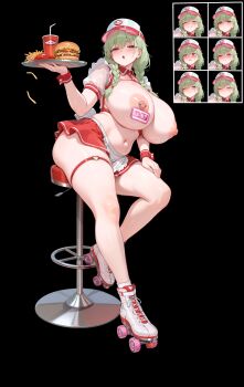 1girl absurdres apron ass banshee_(last_origin) bikini blush braid breasts breasts_out burger curvy employee_uniform fast_food fast_food_uniform food frilled_apron frills full_body highres huge_ass huge_breasts id_card last_origin long_hair looking_at_viewer mature_female multiple_expressions navel nipple_piercing nipples official_art open_mouth piercing pleated_skirt revealing_clothes roller_skates see-through_shrug shrug_(clothing) skates skirt solo swimsuit thick_thighs thighs twin_braids twintails visor_cap waist_apron white_apron wow_(cor369)
