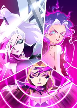 3girls backless_dress backless_outfit bad_id bad_twitter_id bare_back black_arm_warmers black_choker black_dress black_eyeliner blue_eyes bright_pupils brown_hair chocofish choker closed_mouth collarbone collared_dress colored_eyelashes commentary covering_one_eye crazy_eyes cryokinesis darcy_(winx_club) dress electricity electrokinesis english_commentary evil_grin evil_smile eyeliner fingernails gloves glowing grin hair_tubes head_tilt high_collar high_ponytail icy_(winx_club) lipstick long_hair magic makeup medici_collar messy_hair multicolored_hair multiple_girls nail_polish outline pale_skin pink_background pink_choker pink_dress pink_lips pink_outline pink_pupils ponytail purple_dress purple_gloves purple_hair purple_lips purple_nails purple_pupils sharp_fingernails short_hair shoulder_blades single_bare_shoulder single_hair_tube sitting smile smirk stormy_(winx_club) strapless strapless_dress streaked_hair studded_choker two-tone_hair upper_body very_long_hair white_hair winx_club yellow_eyes