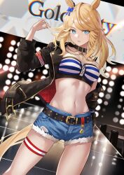 Rule 34 | 1girl, absurdres, animal ears, bandeau, black choker, black jacket, blonde hair, blue bow, blue eyes, bow, breasts, character name, choker, commentary request, cowboy shot, cutoffs, denim, denim shorts, gold city (umamusume), hair bow, highres, horse ears, jacket, long hair, long sleeves, looking at viewer, midriff, murazo (0606), navel, off shoulder, parted lips, short shorts, shorts, single bare shoulder, small breasts, solo, standing, stomach, strapless, striped bandeau, thigh strap, thighs, tube top, umamusume