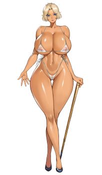 1girl absurdres ass bare_shoulders bikini blonde_hair blue_eyes breasts cane commentary_request commission covered_erect_nipples gluteal_fold gurimjang high_heels highres huge_ass huge_breasts lips looking_at_viewer micro_bikini original pixiv_commission pussy see-through_clothes short_hair smile solo swimsuit tan wide_hips