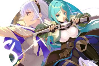 2girls aqua_hair belt black_hairband blue_eyes blue_necktie boots bow_(weapon) capelet commentary_request hairband holding holding_bow_(weapon) holding_sheath holding_sword holding_weapon katana krasia_annerose long_hair low_ponytail mikata_ga_yowasugite_hojo_mahou_ni_tesshiteita_kyuutei_mahoushi_tsuihou_sarete_saikyou_wo_mezashimasu multiple_girls necktie olivia_(hojomajo) ponytail sheath sword third-party_source unsheathing weapon white_capelet white_hair yuunagi_(seventh_heaven)