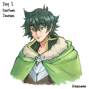 1boy armor artist_name black_hair black_shirt breastplate brown_shirt character_name cloak collared_shirt commentary cropped_torso english_commentary fur-trimmed_hood fur_trim green_cloak green_eyes hair_between_eyes high_collar highres hood hood_down hooded_cloak iwatani_naofumi kinasune layered_shirt light_smile looking_at_viewer male_focus messy_hair raised_eyebrows shirt short_hair signature simple_background solo tate_no_yuusha_no_nariagari upper_body white_background