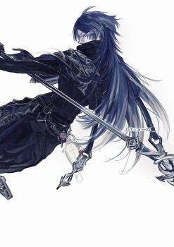 1boy absurdres belt black_belt black_capelet bloodsoaked_ruins_(genshin_impact) blue_hair capelet dated dutch_angle flins_(genshin_impact) genshin_impact gradient_hair hashtag-only_commentary highres holding holding_polearm holding_weapon long_hair looking_back male_focus multicolored_hair parted_bangs polearm simple_background solo uwazumi_yodomi weapon white_background