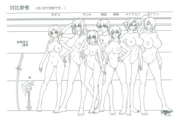 6+girls aishwarya_ray annerose_vajra breasts reference_sheet completely_nude curvy female_focus full_body high_ponytail katana koutetsu_no_majo_anneroze large_breasts lee_mayfeng looking_at_viewer mitico_fleuretty multiple_girls multiple_views no_pussy nude official_art otonashi_miki ponytail rikuru_tachibana reference_sheet short_hair short_twintails size_chart size_comparison size_difference smile standing sword translation_request twintails weapon white_background wide_hips