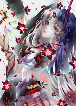 1girl absurdres acheron_(honkai:_star_rail) breasts cleavage coat coconuthound commentary crying crying_with_eyes_open flower heterochromia highres honkai:_star_rail honkai_(series) horns looking_at_viewer medium_breasts multicolored_hair obi purple_eyes purple_hair red_eyes red_flower red_sash sash smile solo tears two-tone_hair white_coat white_hair