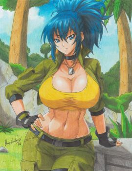 1girl blue_eyes blue_hair breasts curvy earrings female_focus gloves huge_breasts jacket jewelry large_breasts leather leona_heidern long_hair military oscarjquint2892 outdoors pale_skin pants ponytail tank_top the_king_of_fighters thick_thighs thighs wide_hips