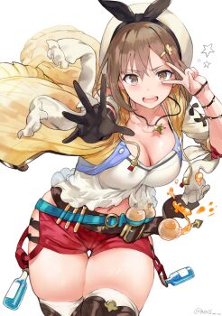 1girl :d atelier_(series) atelier_ryza atelier_ryza_1 belt blue_belt blush breasts brown_eyes brown_gloves brown_hair buckle cleavage clothing_cutout collarbone commentary cowboy_shot female_focus flask gloves hair_between_eyes hair_ornament hairclip hands_up hews highres jacket jewelry large_breasts leather leather_belt leather_gloves liquid long_sleeves looking_at_viewer navel navel_cutout necklace o-ring o-ring_belt open_clothes open_jacket open_mouth outstretched_arm outstretched_hand red_shorts reisalin_stout round-bottom_flask shirt short_hair short_shorts shorts simple_background single_glove skindentation sleeveless sleeveless_jacket smile solo spilling standing star_(symbol) star_necklace teeth thick_thighs thigh_gap thighhighs thighs twitter_username v v-shaped_eyebrows v_over_eye vial white_background white_headwear white_shirt white_thighhighs wind yellow_jacket