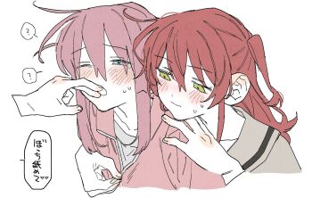 2girls ? bocchi_the_rock! dayama finger_in_another&#039;s_mouth gotoh_hitori highres kita_ikuyo multiple_girls pink_hair red_hair spoken_question_mark yuri