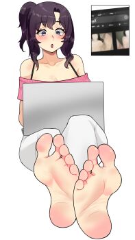 amelia_moreau blush computer crossed_legs embarrassed feet foot_focus greek_toe highres original panels pov purple_eyes purple_hair shy soles surprised toes