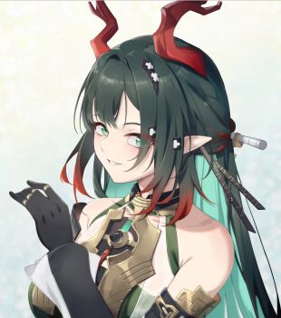 Rule 34 | 1girl, arknights, arknights: endfield, bare shoulders, black gloves, black hair, chinese commentary, colored inner hair, commentary request, eyes visible through hair, gloves, green eyes, green hair, grey background, grin, hair ornament, hand up, highres, horns, jewelry, ling huanxiang, long hair, long sleeves, looking at viewer, multicolored hair, multiple rings, pointy ears, portrait, red hair, red horns, ring, smile, solo, zhuang fangyi (arknights)