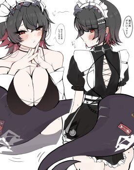 1girl alternate_breast_size_(larger) bare_shoulders black_dress black_hair blush breasts breasts_squeezed_together closed_mouth collarbone colored_inner_hair commentary_request cowboy_shot dress ear_blush earclip ellen_joe fins fish_tail from_behind hairband hayato_hoshi604 highres large_breasts looking_at_viewer looking_back maid_headdress metal_hairband mole mole_under_eye motion_lines multicolored_hair multiple_views open_mouth razor_blade_hair_ornament red_eyes red_nails scar scar_on_tail shark_girl shark_tail short_hair simple_background speech_bubble spiked_headband sweat tail translation_request white_background zenless_zone_zero