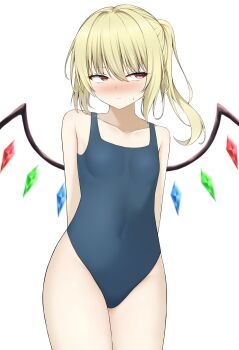 1girl absurdres alternate_costume arms_behind_back averting_eyes bare_arms bare_shoulders blonde_hair blue_one-piece_swimsuit blush breasts closed_mouth collarbone commentary_request covered_navel cowboy_shot crystal_wings embarrassed flandre_scarlet highres long_hair looking_at_viewer looking_to_the_side multicolored_wings new_school_swimsuit nose_blush one-piece_swimsuit paid_reward_available pear-shaped_figure petite red_eyes sanpaku school_swimsuit side_ponytail simple_background small_breasts solo standing sweatdrop swimsuit szl touhou white_background wings