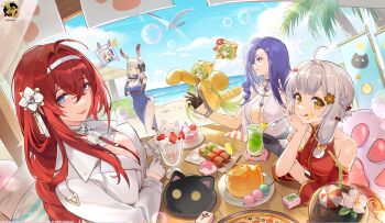 >_< 5girls ^_^ ahoge anger_vein animal_costume animal_ears animal_hands ascot banner bare_shoulders beach bird black_gloves black_skirt blue_dress blue_eyes bow bracelet breasts bubble camera cleavage closed_eyes closed_mouth coat coconut commentary_request copyright_logo copyright_notice crossed_bangs cynthia_(mahjong_soul) dango day detached_collar detached_sleeves disposable_camera dress drinking_straw flower food food_on_face fu_ji glint gloves green_hair grey_hair hair_bobbles hair_bow hair_flower hair_intakes hair_ornament hairband hairclip half_gloves highres holding holding_camera holding_spoon horizon ice_cream jewelry kaavi leia_(mahjong_soul) licking_lips lipstick logo long_hair looking_at_another looking_at_viewer mahjong mahjong_soul mahjong_tile makeup medium_breasts multiple_girls necktie nobori ocean official_art one_eye_closed open_mouth outdoors palm_tree parted_lips paw_gloves purple_eyes purple_hair rabbit_ears rabbit_tail red_dress red_eyes red_hair sand seagull skewer skirt small_breasts smile sparkle spoken_character spoon sundae table tail tongue tongue_out tree wagashi water white_coat white_gloves yellow_eyes yuzu_(mahjong_soul)