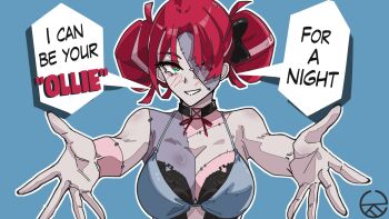 1girl atziid69 blue_background blush bra choker colored_skin double_bun english_text grey_skin hair_bun highres hololive hololive_indonesia kureiji_ollie looking_at_viewer multicolored_hair multicolored_skin outstretched_arms patchwork_skin red_hair sallie_(kureiji_ollie) solo stitched_face stitches underwear virtual_youtuber zombie