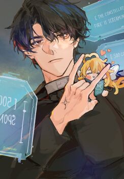 1boy :| aegyo_sal anger_vein black_coat black_eyes black_hair black_shirt character_doll charycats closed_mouth coat commentary doll english_text hair_between_eyes highres holographic_interface incoming_forehead_flick male_focus omniscient_reader&#039;s_viewpoint shirt short_hair upper_body uriel_(omniscient_reader&#039;s_viewpoint) yoo_joonghyuk