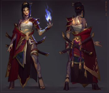 1girl absurdres arm_tattoo armor artist_name avatar:_the_last_airbender avatar_legends azula bandaged_arm bandages black_hair blue_fire bluemist72 breasts brown_eyes chest_sarashi commentary dark_background english_commentary facial_scar fire from_behind full_body grey_background high_heels highres leg_tattoo looking_at_viewer medium_breasts nail_polish princess pyrokinesis red_lips red_nails redesign sarashi scar scar_on_cheek scar_on_face sheath sheathed shoulder_armor smirk solo sword sword_on_back tattoo topknot weapon weapon_on_back