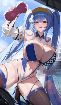 1girl absurdres against_glass against_windshield arm_up armpits azur_lane balanche bare_shoulders bird black_panties black_thighhighs blue_hair blue_leotard blush breast_press breasts breasts_on_glass car cleavage collarbone commentary cowboy_shot crossed_bangs day detached_collar detached_sleeves essex_(azur_lane) essex_(start_line_splash)_(azur_lane) fingerless_gloves front_zipper gloves hair_between_eyes hair_intakes highleg highleg_panties highres holding holding_sponge huge_breasts kneeling leotard long_hair looking_at_viewer motor_vehicle multicolored_leotard navel official_alternate_costume on_car open_mouth outdoors panties race_queen racetrack sidelocks skindentation smile soap soap_bubbles solo sponge sports_car stadium stomach symbol-only_commentary thighhighs thighs twintails two-tone_leotard undersized_breast_cup underwear unzipped very_long_hair visor_cap washing_vehicle wet white_leotard white_sleeves windshield zipper zipper_leotard