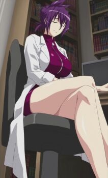 1girl anime_screenshot book breasts chair closed_eyes computer crossed_legs female_focus highres lab_coat large_breasts legs oikawa_urada purple_hair seikon_no_qwaser short_hair sitting skirt smile solo stitched table thighs third-party_edit zipper