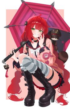 Rule 34 | 1girl, absurdres, ahoge, animal on back, black boots, black hat, black sailor collar, boots, border, braid, braided twintails, cardigan, chest bow, collarbone, dolgom, green eyes, grin, hair ornament, hair ribbon, half-closed eyes, hashtag-only commentary, hat, hearing aid, highres, holding, holding umbrella, kamanosuke (zenless zone zero), long hair, looking at viewer, loose thighhigh, outside border, pink background, pink cardigan, raccoon, red hair, red umbrella, ribbon, sailor collar, smile, sphere hair ornament, squatting, striped clothes, striped thighhighs, tanuki, thighhighs, ukinami yuzuha, umbrella, white border, white ribbon, white thighhighs, zenless zone zero