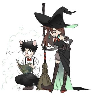 1boy 1girl alternate_costume alternate_hair_length alternate_hairstyle animal_ears ayase_momo bare_shoulders black_boots black_dress black_gloves black_hair black_hat black_pants blush book boots bow bowtie broom brown_eyes brown_hair commentary_request crossed_bangs dandadan dress dust_cloud earrings elbow_gloves full_body glasses gloves grin hair_between_eyes hand_on_own_hip hat highres holding holding_book holding_broom jewelry lace-up_boots long_hair looking_at_another open_mouth pants red_bow red_bowtie round_eyewear shirt smile squatting standing suspenders sweatdrop tail takakura_ken_(dandadan) tamatan97 thigh_boots transformation white_background white_shirt witch witch_hat