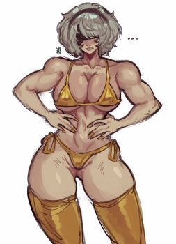 1girl 2b_(nier:automata) bikini black_hairband blindfold breasts cleavage collarbone commentary cowboy_shot facing_viewer fingernails gluteal_fold gold_bikini gold_thighhighs grey_hair hairband hands_on_own_hips highres large_breasts micro_bikini muscular muscular_female nier:automata nier_(series) parted_bangs partially_visible_vulva short_hair side-tie_bikini_bottom simple_background smile solo swept_bangs swimsuit thighhighs thighs white_background widisu