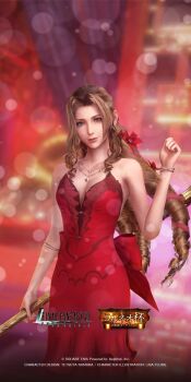 1girl 3d aerith_gainsborough aerith_gainsborough_(red_dress) armlet back_bow bare_shoulders blurry blurry_background bow bracelet breasts brown_hair cleavage closed_mouth commentary_request copyright_name cowboy_shot dress drill_hair final_fantasy final_fantasy_vii final_fantasy_vii:_ever_crisis final_fantasy_vii_remake flamenco_dress flower gold_necklace green_eyes hair_flower hair_ornament hair_ribbon hand_up highres holding holding_staff jewelry light_smile long_dress long_hair looking_at_viewer medium_breasts multiple_necklaces necklace official_alternate_costume official_art official_wallpaper parted_bangs ponytail red_dress red_flower red_ribbon ribbon side_slit sidelocks solo square_enix staff star_(symbol) star_necklace strapless strapless_dress wavy_hair