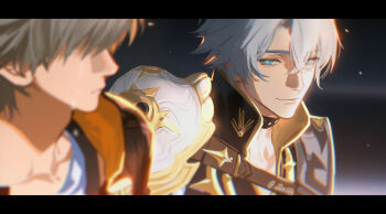 2boys antenna_hair armor artist_name belt black_background black_border black_choker black_coat blue_eyes blurry border brown_belt caelus_(honkai:_star_rail) choker closed_eyes coat collarbone commentary covered_eyes crossed_bangs crying english_commentary grey_hair hair_between_eyes hair_over_eyes highres honkai:_star_rail honkai_(series) hood hooded_coat illix233 looking_at_another male_focus multiple_boys open_clothes open_coat orange_coat phainon_(honkai:_star_rail) shirt short_hair shoulder_armor smile sun_symbol t-shirt trailblazer_(honkai:_star_rail) two-sided_coat two-sided_fabric upper_body white_shirt yellow_pupils