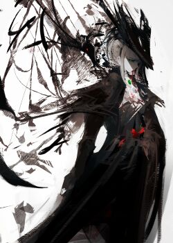 1girl absurdres ascot blood bloodborne cape coat gem gloves green_eyes hat hat_feather highres lady_maria_of_the_astral_clocktower long_hair looking_at_viewer lue_(llue_l) ponytail simple_background solo tricorne white_hair