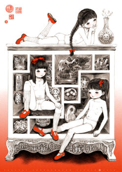 10s 2016 3girls beaker black_eyes black_hair blush bonsai bow bow_panties braid clock collarbone crystal doll flat_chest fractal_underground_studio gradient_background hair_bow hair_ribbon hand_on_own_knee head_rest kneehighs loli long_hair lying mary_janes multiple_girls navel nipples original panties ponytail red_background red_bow red_ribbon red_shoes ribbon shelf shoes side_ponytail sitting smoke socks tree two-tone_background underwear white_background white_bow white_panties white_socks