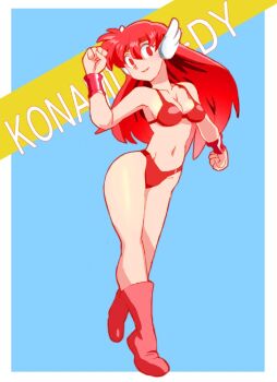 1girl armor bikini bikini_armor blue_background blush boots bracer breasts cleavage collarbone flexing head_wings headband konami konami_lady konami_wai_wai_world long_hair looking_at_viewer medium_breasts navel onnaski red_bikini red_boots red_eyes red_hair smile standing swimsuit wings