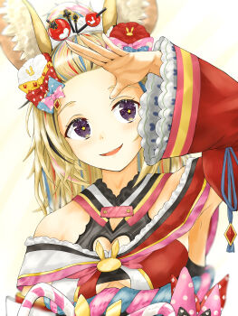 1girl absurdres animal_ear_fluff animal_ears black_streaks blonde_hair blue_streaks blush breasts cleavage_cutout clothing_cutout commentary_request forehead fox_ears fox_girl heart_cutout highres hololive japanese_clothes kimono looking_at_viewer medium_breasts medium_hair multicolored_hair official_alternate_costume official_alternate_hairstyle omaru_polka omaru_polka_(new_year) purple_eyes red_kimono red_streaks smile solo star_(symbol) star_in_eye streaked_hair symbol_in_eye u_da_desu virtual_youtuber white_background
