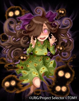 1girl ahoge bow brown_hair copyright_notice curly_hair dress green_dress hair_bow hair_over_one_eye i-la long_hair looking_at_viewer official_art open_mouth purple_bow purple_eyes smile solo teeth upper_teeth_only very_long_hair wixoss