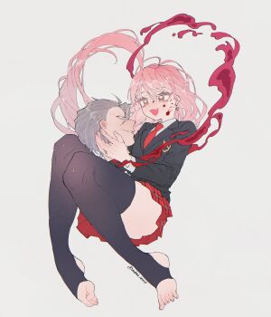 absurdres andy_(undead_unluck) barefoot black_shirt black_thighhighs blood blood_on_face commentary disembodied_head earrings floating full_body gina_(undead_unluck) headless heart heart_earrings highres jewelry mukai_nemui necktie pink_hair red_necktie red_skirt severed_head shirt skirt smile symbol-only_commentary thick_thighs thighhighs thighs undead_unluck union_emblem_(undead_unluck) white_hair white_shirt yellow_eyes