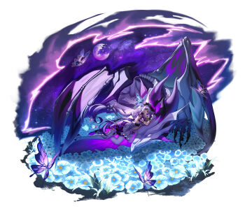 1girl absurdres asymmetrical_gloves bare_shoulders breasts bug butterfly butterfly_ornament castorice_(honkai:_star_rail) clothing_cutout commentary_request dragon dress eikou_no_kassai elbow_gloves field flower flower_field gloves highres honkai:_star_rail honkai_(series) insect legwear_cutout long_hair looking_at_viewer medium_breasts memosprite moon navel pointy_ears pollux_(honkai:_star_rail) purple_butterfly purple_eyes purple_gloves purple_hair purple_moon single_elbow_glove solo stomach_cutout thighhighs uneven_gloves very_long_hair white_dress white_thighhighs