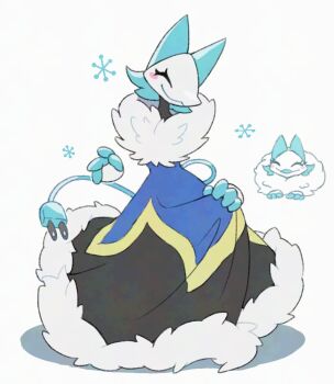 1girl :3 ^_^ blue_dress blush_stickers cable cable_tail cat_girl closed_eyes deltarune disembodied_hand dress full_body fur-trimmed_dress fur_trim mechanical_tail simple_background snowflakes solo tail tasque_manager teo_(teorekka) utdr_(toby_fox) white_background