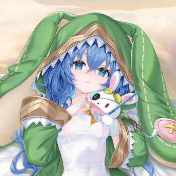1girl animal_hood azur_lane blue_eyes blue_hair breasts cirnos covered_navel dakimakura_(medium) date_a_live green_jacket hand_puppet himekawa_yoshino himekawa_yoshino_(secret_base) hood jacket long_hair looking_at_viewer official_alternate_costume one-piece_swimsuit petite puppet rabbit_hood rabbit_puppet small_breasts solo swimsuit upper_body white_one-piece_swimsuit yoshinon
