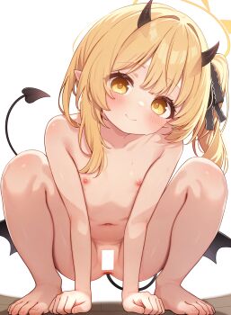 1girl all_fours anus bar_censor barefoot black_horns black_tail black_wings blonde_hair blue_archive blush breasts censored closed_mouth collar commentary_request completely_nude demon_girl demon_horns demon_tail demon_wings flat_chest halo highres horns ibuki_(blue_archive) kohaku_rinne loli long_hair looking_at_viewer low_wings navel nipples nude pointy_ears pussy ribbon side_ponytail small_breasts smile solo spread_legs squatting sweat tail toes variant_set wings yellow_eyes yellow_halo