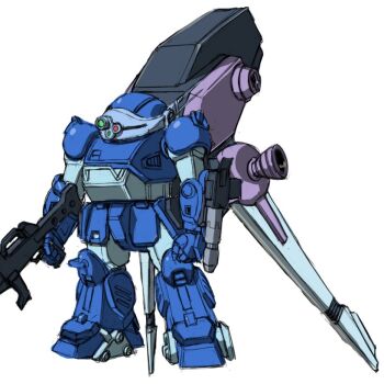 aoki_ryuusei_spt_layzner arm_cannon clenched_hand gun holding holding_gun holding_weapon kin-san_(sasuraiga) mecha no_humans radio_antenna robot science_fiction scopedog_eiji_custom sketch solo soukou_kihei_votoms super_robot_wars super_robot_wars_dd weapon white_background