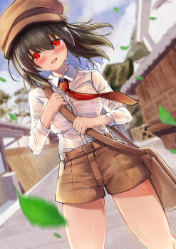 Rule 34 | 1girl, absurdres, bag, blurry, brown bag, brown hat, brown shorts, collared shirt, commentary request, commission, day, depth of field, embarrassed, flat cap, hat, highres, long sleeves, looking at viewer, missing wings, necktie, no bra, outdoors, pixiv commission, red necktie, see-through clothes, see-through shirt, shameimaru aya, shameimaru aya (newsboy), shirt, shorts, shoulder bag, solo, thighs, touhou, wet, wet clothes, wet shirt, white shirt, yuuka (a0240765)