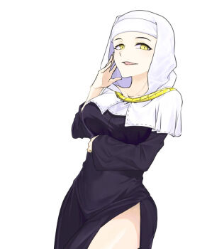 1girl black_dress breasts buddhist_nun commentary_request dress eyelashes fate/grand_order fate_(series) hand_on_own_face long_sleeves oganyaaaa open_mouth sessyoin_kiara simple_background smile solo veil white_background white_veil yellow_eyes