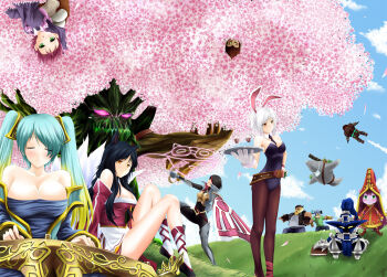 4boys 6+girls ahri_(league_of_legends) animal_ears annie_(league_of_legends) bare_shoulders battle_bunny_riven boots breasts cleavage colored_skin corki everyone fake_animal_ears fiora_(league_of_legends) gragas league_of_legends long_hair lulu_(league_of_legends) makishima_rin maokai medium_breasts multiple_boys multiple_girls nautilus_(league_of_legends) olaf olaf_(league_of_legends) pantyhose playboy_bunny purple_hair purple_skin rabbit_ears riven_(league_of_legends) small_breasts sona_(league_of_legends) teemo thigh_boots thighhighs tree urf veigar wukong_(league_of_legends)