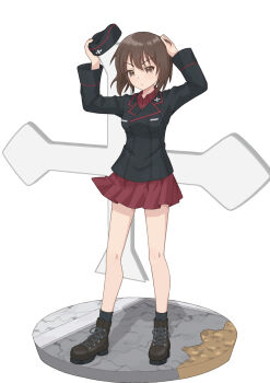 Rule 34 | 1girl, absurdres, ankle boots, black boots, black hat, black jacket, black socks, boots, brown eyes, brown hair, closed mouth, commentary, cross, dress shirt, frown, full body, garrison cap, girls und panzer, hand on own head, hat, highres, holding, holding unworn clothes, holding unworn hat, insignia, jacket, kneehighs, kuromorimine military uniform, long sleeves, looking at viewer, military hat, military uniform, miniskirt, nishizumi maho, pleated skirt, qgkmn541, red shirt, red skirt, shirt, short hair, skirt, socks, solo, standing, unworn hat, unworn headwear, white background, wing collar