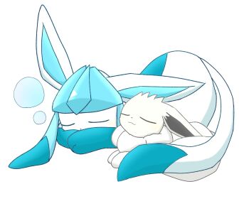 2others blue_fur closed_eyes closed_mouth colored_sclera covered_mouth eevee gen_1_pokemon gen_4_pokemon glaceon highres lying multiple_others nintendo no_humans on_stomach oomaaarrtf_eerr pokemon pokemon_(creature) pokemon_focus sleeping sleeping_on_pokemon squeans white_background