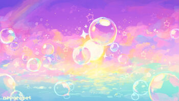 artist_name bubble cloud colorful commentary english_commentary highres neogeopet nintendo no_humans pokemon pokemon_mystery_dungeon pokemon_mystery_dungeon:_explorers_of_time/darkness/sky purple_sky scene_reference scenery sky sparkle sun sunset water