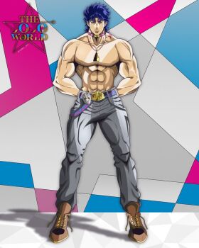 1boy abs anime_coloring arms_behind_back belt belt_buckle birthmark blue_belt blue_eyes blue_hair boots brown_boots buckle choker commentary denim full_body genda_art grey_pants jeans jewelry joestar_birthmark jojo_no_kimyou_na_bouken jonathan_joestar logo looking_at_viewer male_focus manly messy_hair muscular muscular_male necklace official_style pants pectorals phantom_blood purple_belt purple_choker shadow solo stone_mask_(jojo) topless_male triangle_print