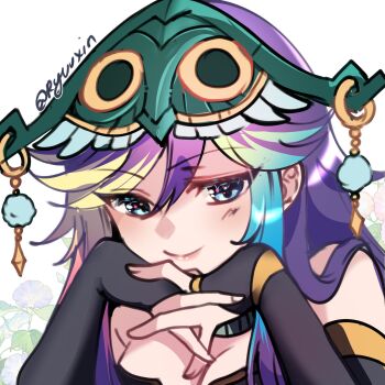 1girl artist_name bare_shoulders black_bridal_gauntlets blue_eyes breasts bridal_gauntlets cleavage closed_mouth colored_tips commentary commission double-parted_bangs english_commentary hair_between_eyes highres long_hair looking_at_viewer medium_breasts multicolored_hair original own_hands_together portrait purple_hair ryuuxin smile solo white_background