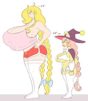 2girls blonde_hair braid breasts cassie_torbjornson choker gigantic_breasts hat height_comparison large_breasts long_hair multiple_girls ponytail size_comparison theycallhimcake thighhighs very_long_hair wide_hips